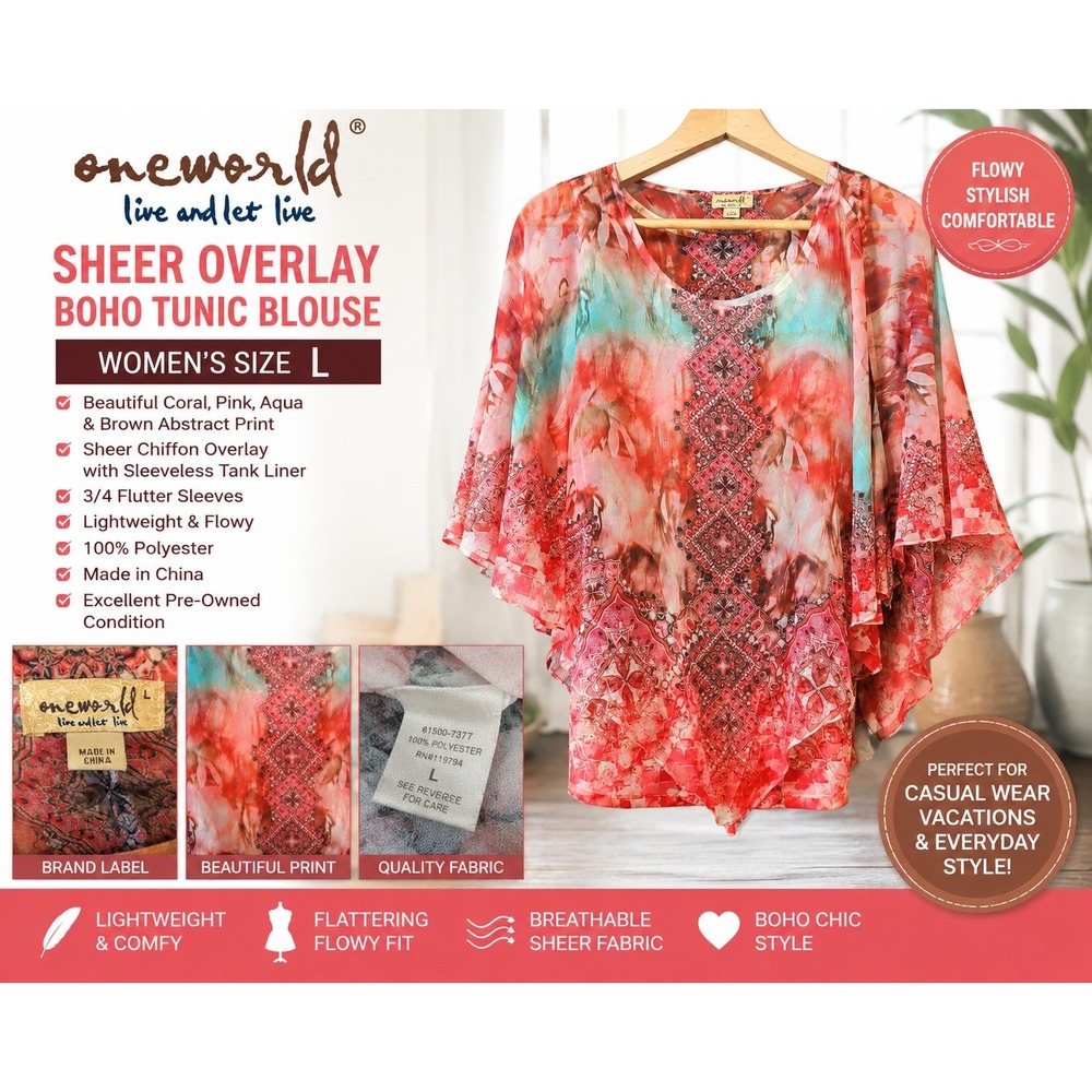 One World Women L Sheer Overlay Boho Tunic Blouse Coral Pink Aqua Flutter Sleeve